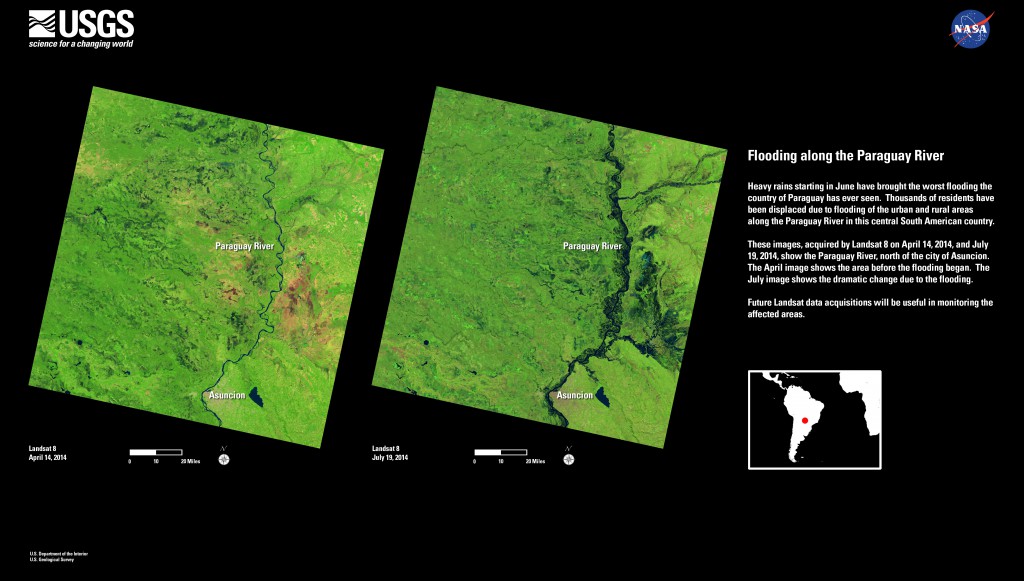 Landsat 8 OLI (07/31/2014): Powódź na rzece Paragwaj, Paragwaj (źródło: USGS)