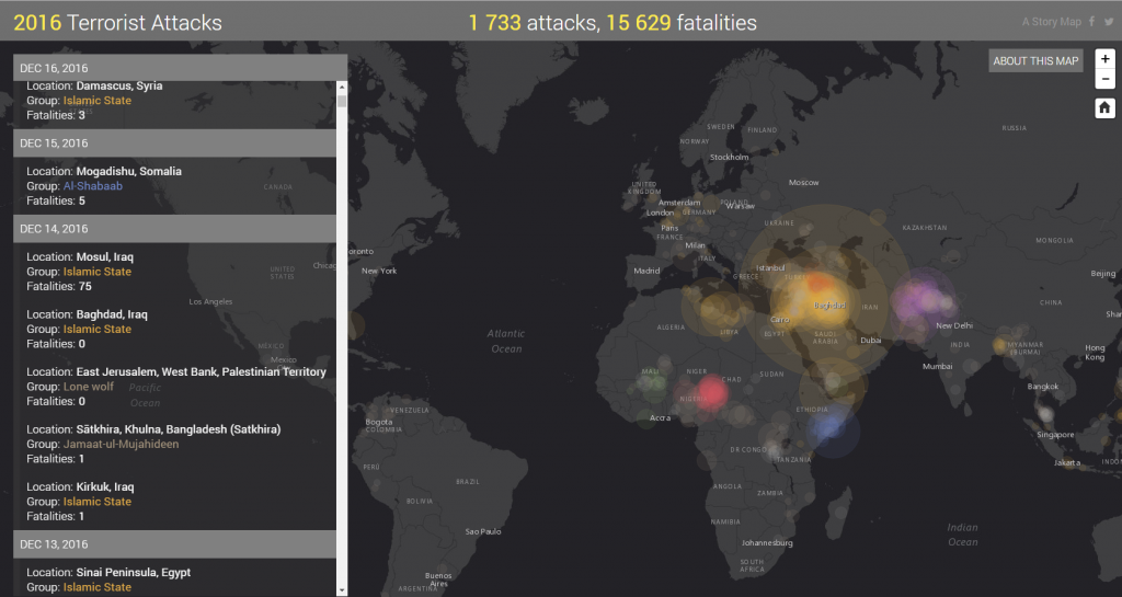 Ataki terrorystyczne w 2016 roku na mapie