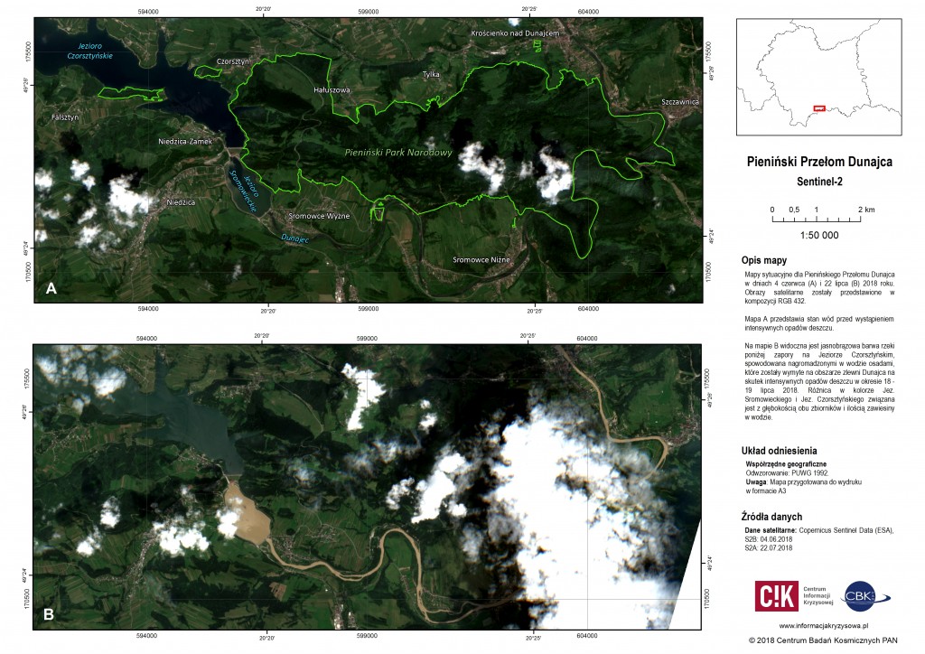 Situation maps, the Pieniny Dunajec River Gorge, 4.06 and 22.07.2020