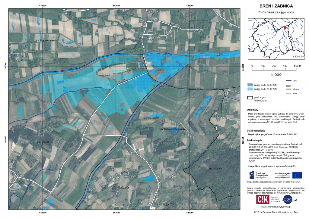 The water extent, Breń river and Żabnica river, 22-23.05.2019